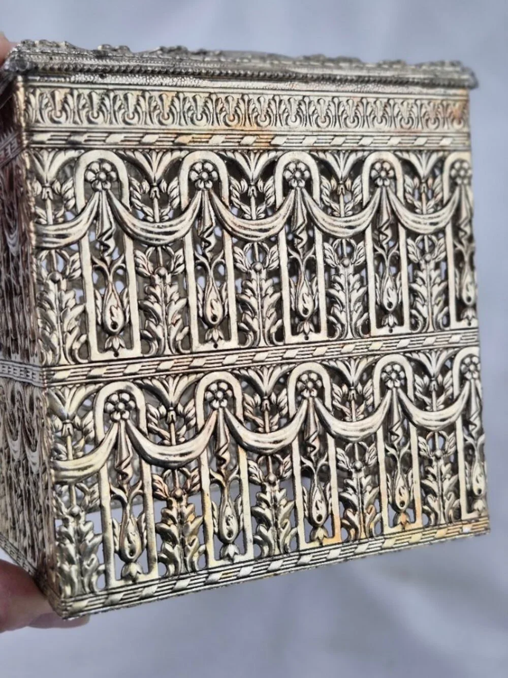 Vintage Hollywood Regency Filigree Vanity Ornate Square Tissue Box Cover